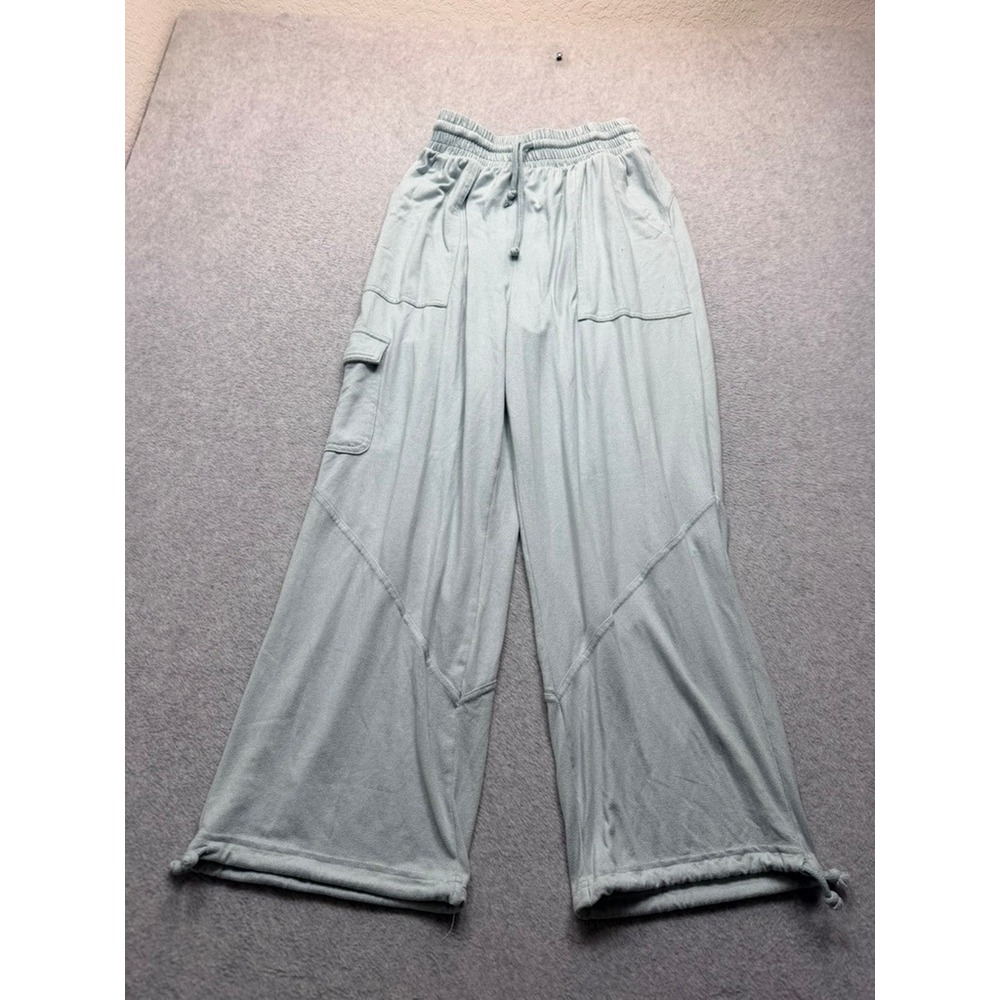 Sage Green Wide Leg Cargo Pants Elastic Waist Knit Lounge Trousers Small